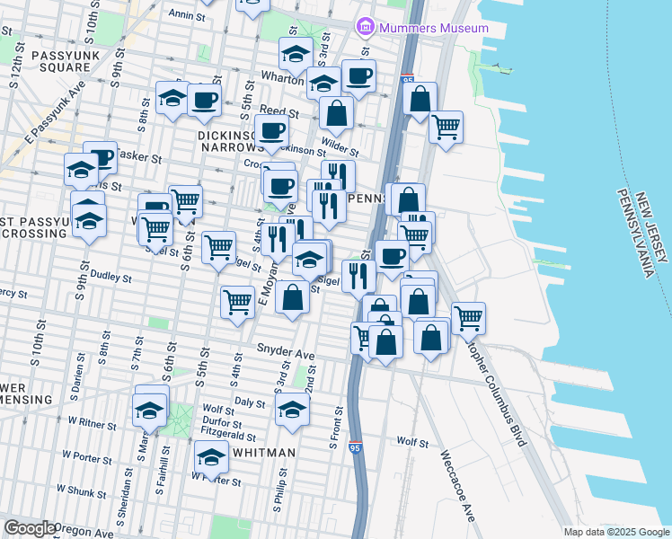 map of restaurants, bars, coffee shops, grocery stores, and more near 135 McClellan Street in Philadelphia