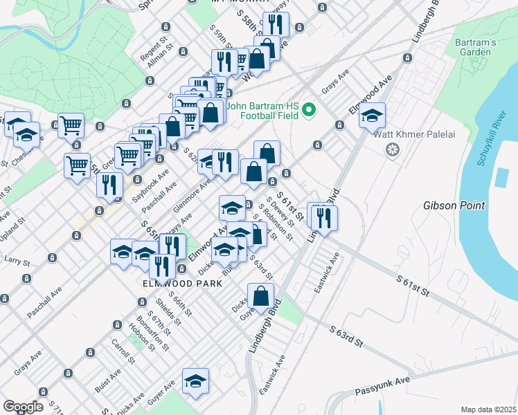 map of restaurants, bars, coffee shops, grocery stores, and more near 6053 Elmwood Avenue in Philadelphia