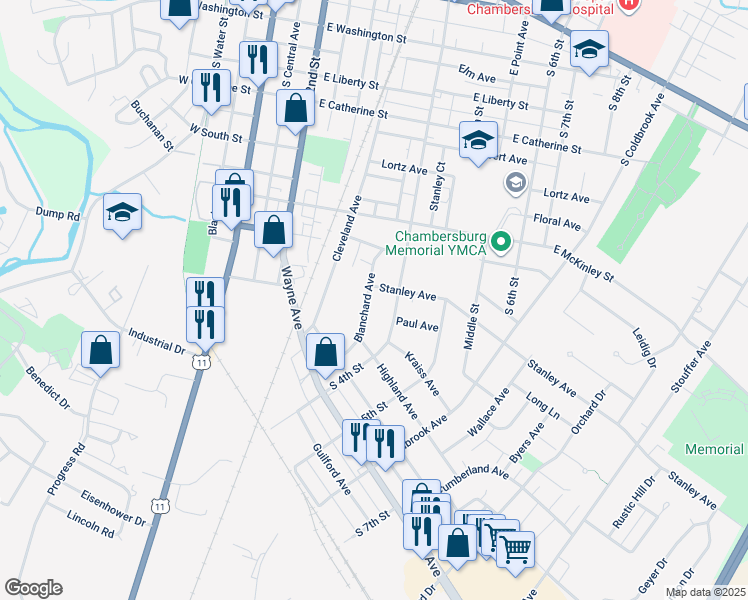 map of restaurants, bars, coffee shops, grocery stores, and more near 820 Blanchard Avenue in Chambersburg