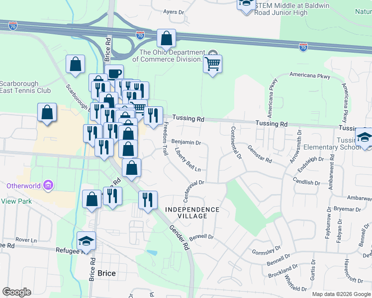 map of restaurants, bars, coffee shops, grocery stores, and more near 6576 Benjamin Drive in Reynoldsburg