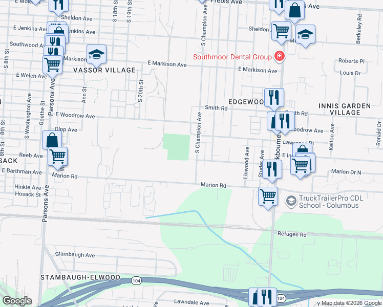 map of restaurants, bars, coffee shops, grocery stores, and more near 1907 South Champion Avenue in Columbus