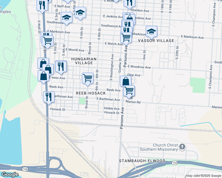 map of restaurants, bars, coffee shops, grocery stores, and more near 1836 South Washington Avenue in Columbus