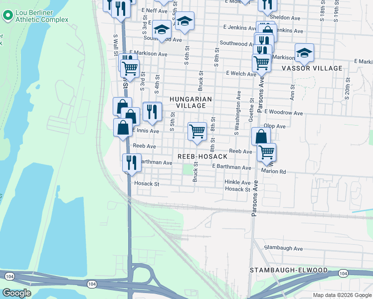 map of restaurants, bars, coffee shops, grocery stores, and more near 1810 South 6th Street in Columbus