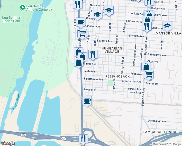 map of restaurants, bars, coffee shops, grocery stores, and more near 1779 South 4th Street in Columbus