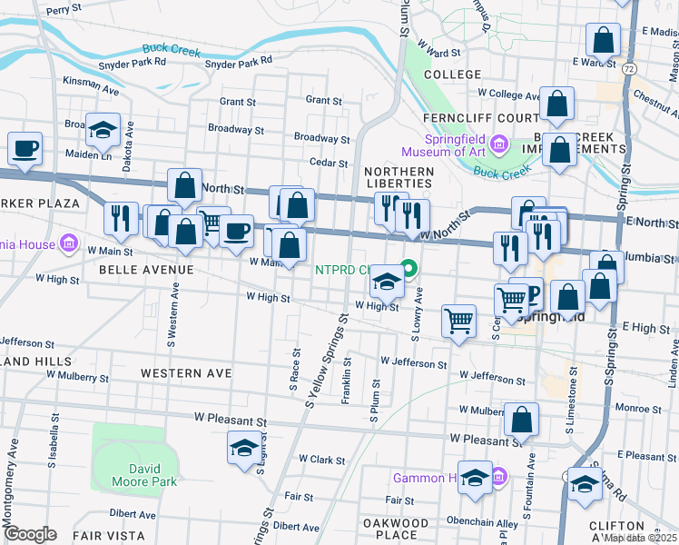 map of restaurants, bars, coffee shops, grocery stores, and more near 508 West Main Street in Springfield