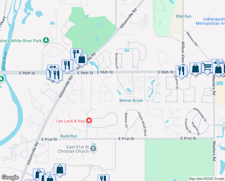 map of restaurants, bars, coffee shops, grocery stores, and more near 9500 Timber View Drive in Indianapolis