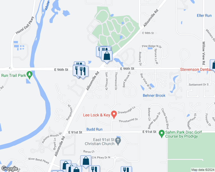 map of restaurants, bars, coffee shops, grocery stores, and more near 9460 San Jacinto Drive in Indianapolis