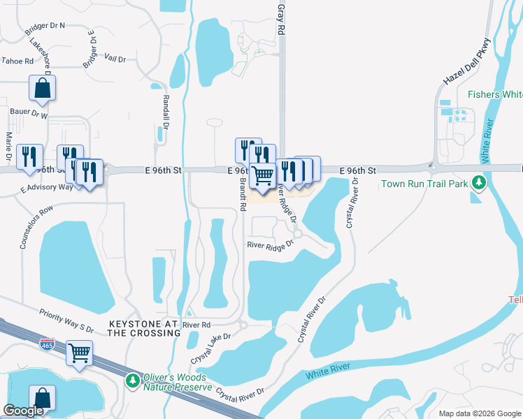 map of restaurants, bars, coffee shops, grocery stores, and more near 4705 East 96th Street in Indianapolis