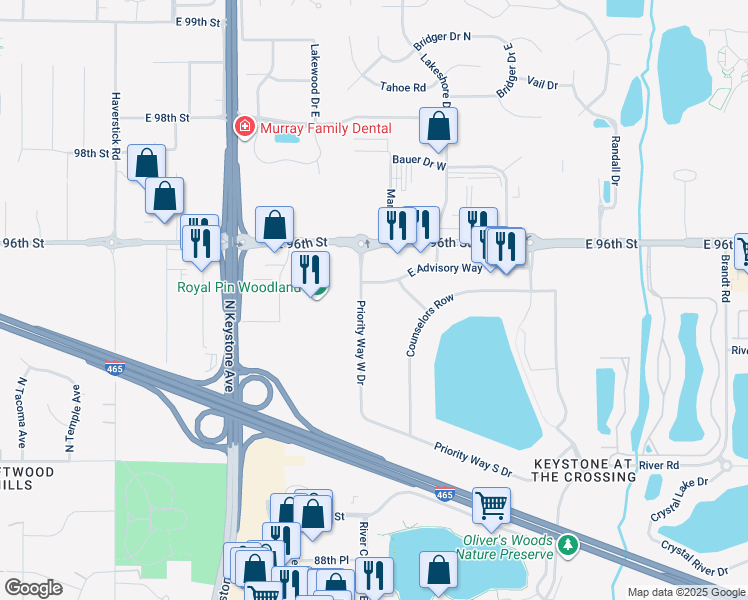 map of restaurants, bars, coffee shops, grocery stores, and more near East Advisory Way in Indianapolis