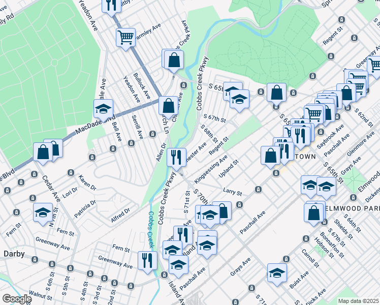 map of restaurants, bars, coffee shops, grocery stores, and more near 6913 Chester Avenue in Philadelphia