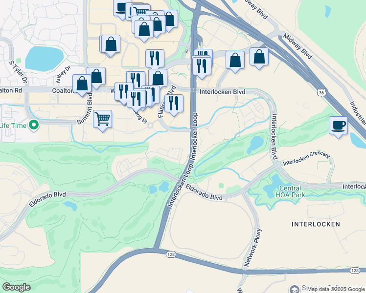 map of restaurants, bars, coffee shops, grocery stores, and more near 635 Eldorado Boulevard in Broomfield