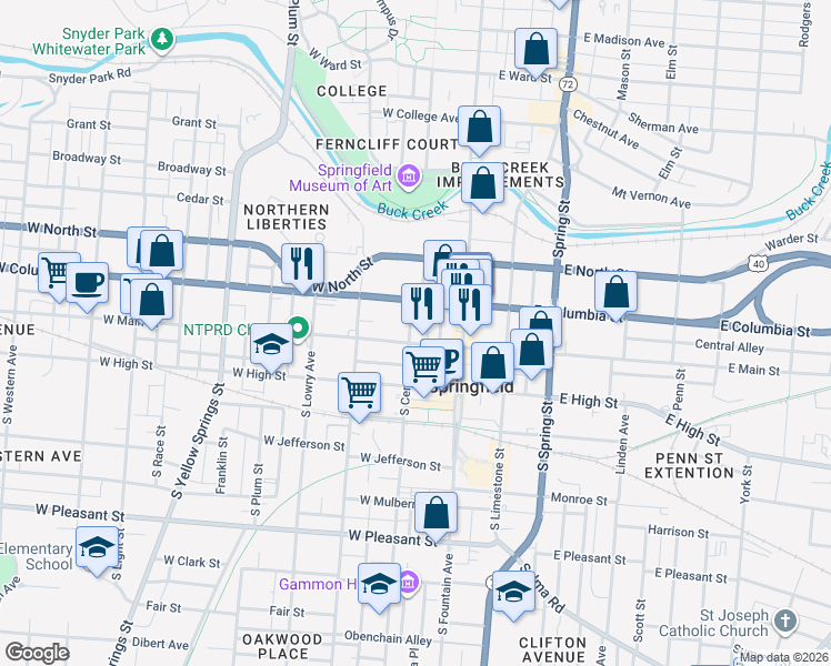 map of restaurants, bars, coffee shops, grocery stores, and more near 100 West Main Street in Springfield