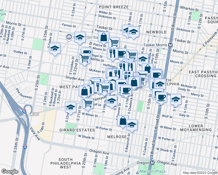map of restaurants, bars, coffee shops, grocery stores, and more near 2113 South 19th Street in Philadelphia