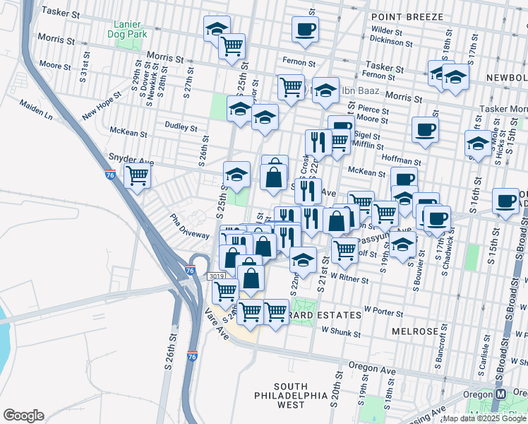 map of restaurants, bars, coffee shops, grocery stores, and more near 2203 South Bucknell Street in Philadelphia