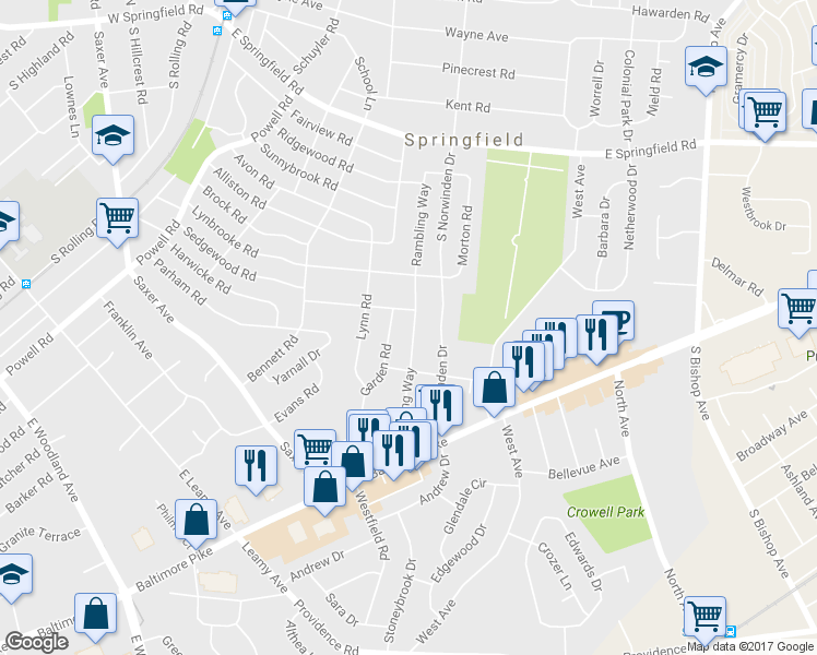 map of restaurants, bars, coffee shops, grocery stores, and more near 244 Rambling Way in Springfield