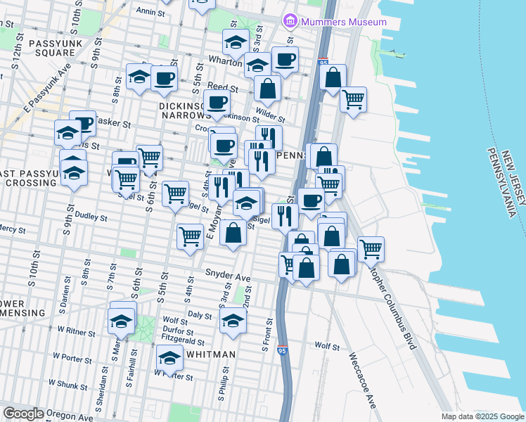 map of restaurants, bars, coffee shops, grocery stores, and more near 145 McClellan Street in Philadelphia