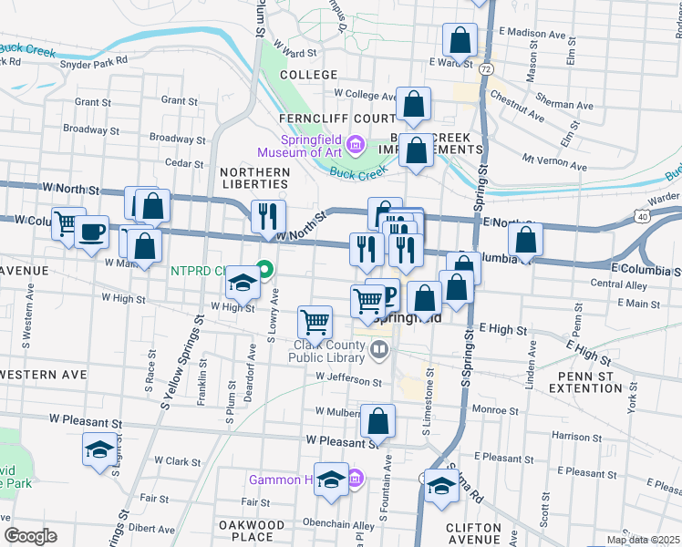 map of restaurants, bars, coffee shops, grocery stores, and more near 100 West Main Street in Springfield