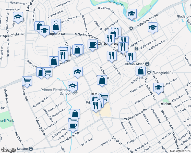 map of restaurants, bars, coffee shops, grocery stores, and more near 217 Borough Road in Delaware County