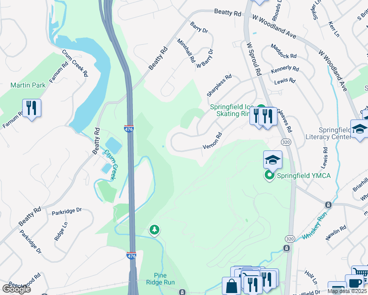 map of restaurants, bars, coffee shops, grocery stores, and more near 663 Vernon Road in Springfield