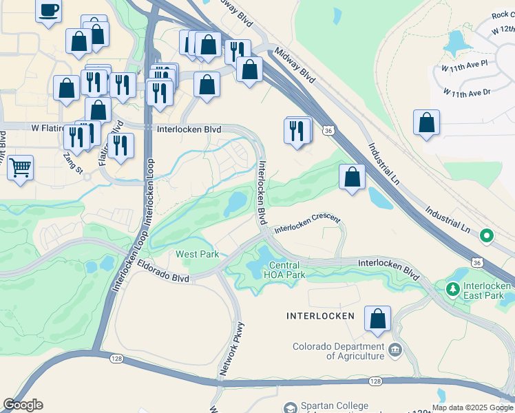 map of restaurants, bars, coffee shops, grocery stores, and more near 485 Interlocken Blvd in Broomfield