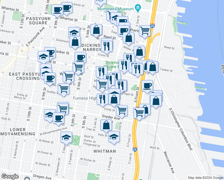 map of restaurants, bars, coffee shops, grocery stores, and more near 245 Sigel Street in Philadelphia