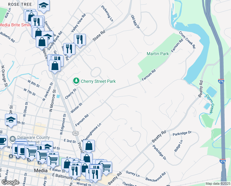 map of restaurants, bars, coffee shops, grocery stores, and more near 497 Spring Hollow Lane in Media