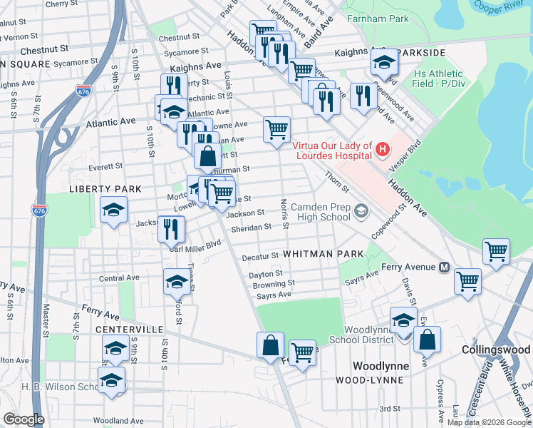 map of restaurants, bars, coffee shops, grocery stores, and more near 1271 Jackson Street in Camden