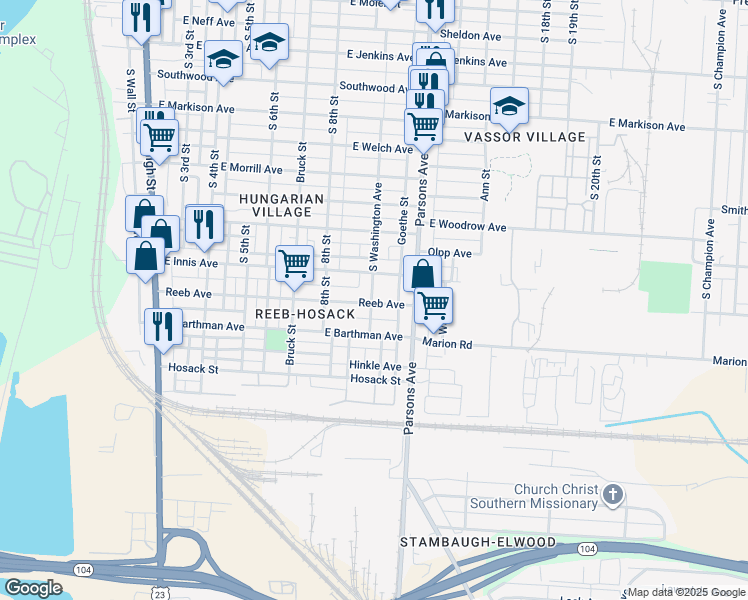map of restaurants, bars, coffee shops, grocery stores, and more near 1854 South Washington Avenue in Columbus