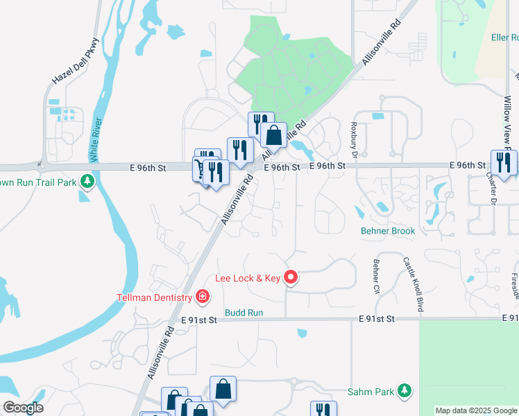 map of restaurants, bars, coffee shops, grocery stores, and more near 9414 San Miguel Drive in Indianapolis