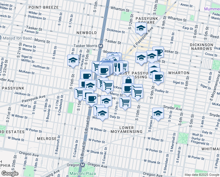 map of restaurants, bars, coffee shops, grocery stores, and more near 2009 South 13th Street in Philadelphia