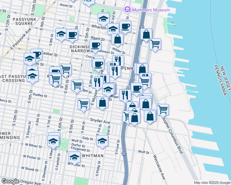 map of restaurants, bars, coffee shops, grocery stores, and more near 145 McClellan Street in Philadelphia