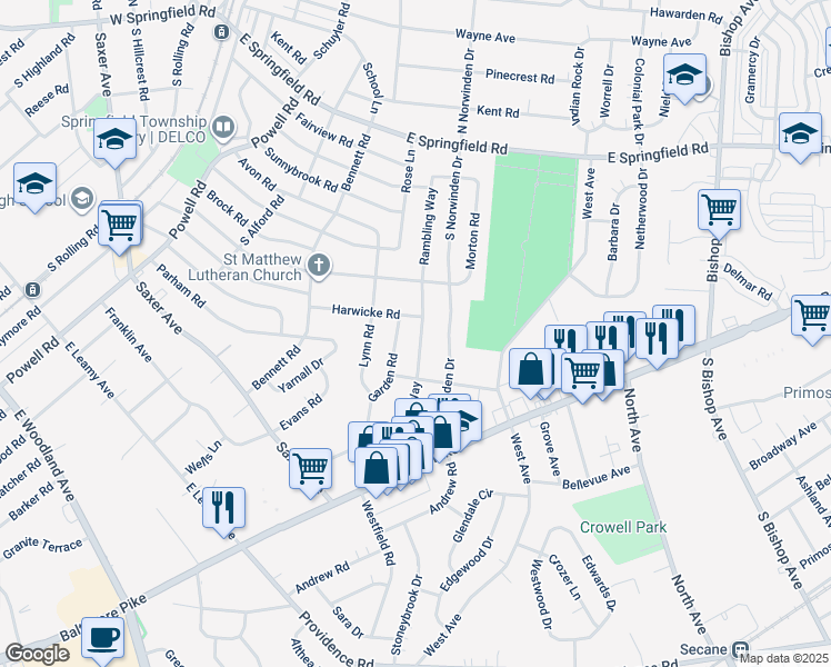 map of restaurants, bars, coffee shops, grocery stores, and more near 244 Rambling Way in Springfield