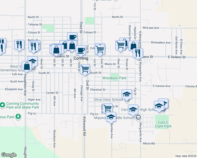 map of restaurants, bars, coffee shops, grocery stores, and more near 806 Walnut Street in Corning