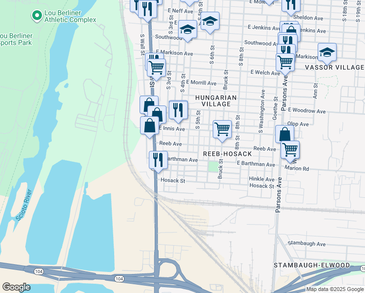 map of restaurants, bars, coffee shops, grocery stores, and more near 87 Reeb Avenue in Columbus
