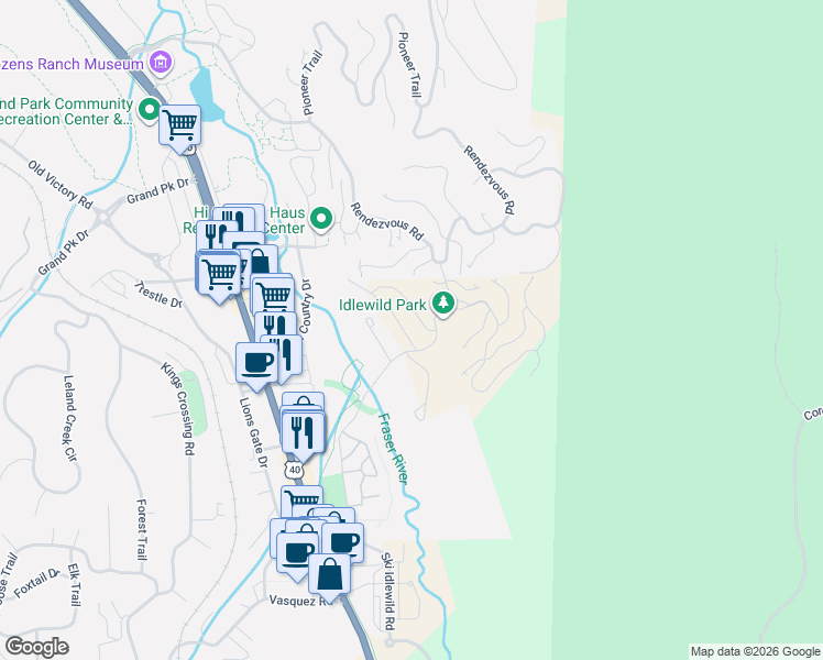 map of restaurants, bars, coffee shops, grocery stores, and more near 53 Wagon Wheel Drive in Granby
