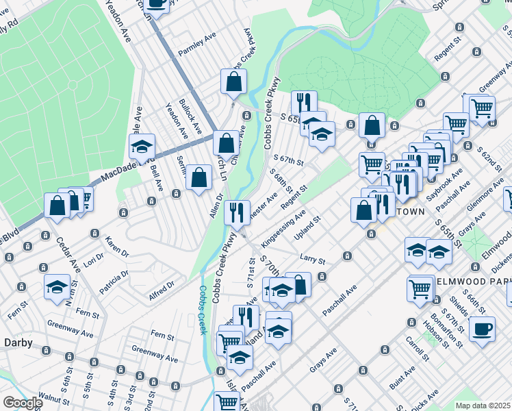 map of restaurants, bars, coffee shops, grocery stores, and more near 6909 Chester Avenue in Philadelphia