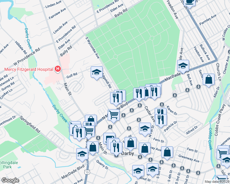 map of restaurants, bars, coffee shops, grocery stores, and more near 1211 Edgehill Road in Darby