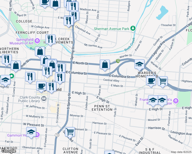 map of restaurants, bars, coffee shops, grocery stores, and more near 101-105 Water Street in Springfield