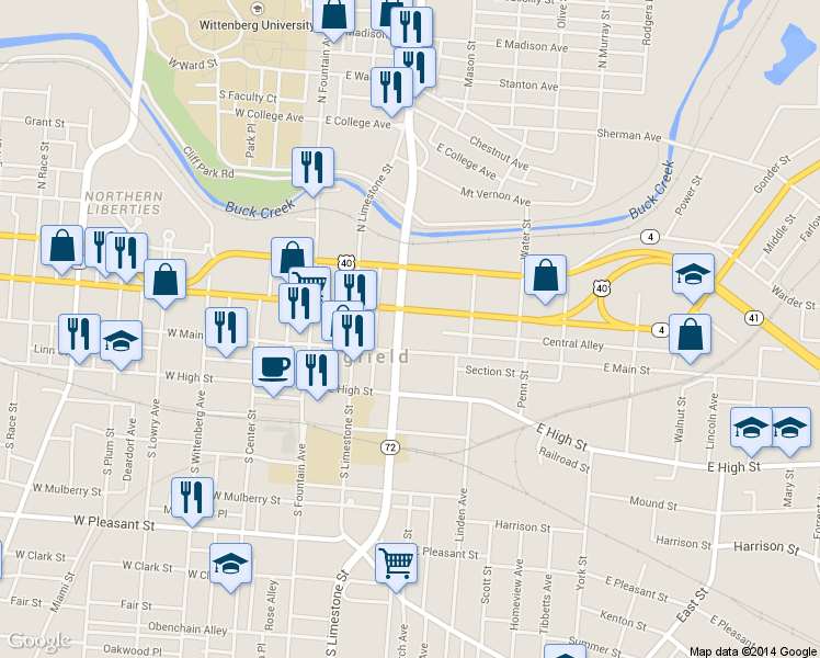 map of restaurants, bars, coffee shops, grocery stores, and more near 26 N Spring St in Springfield