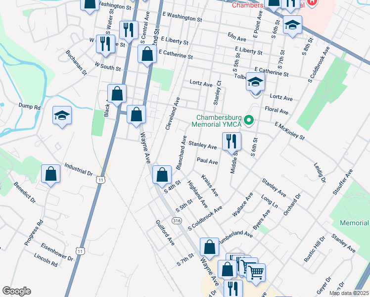 map of restaurants, bars, coffee shops, grocery stores, and more near 820 Blanchard Avenue in Chambersburg