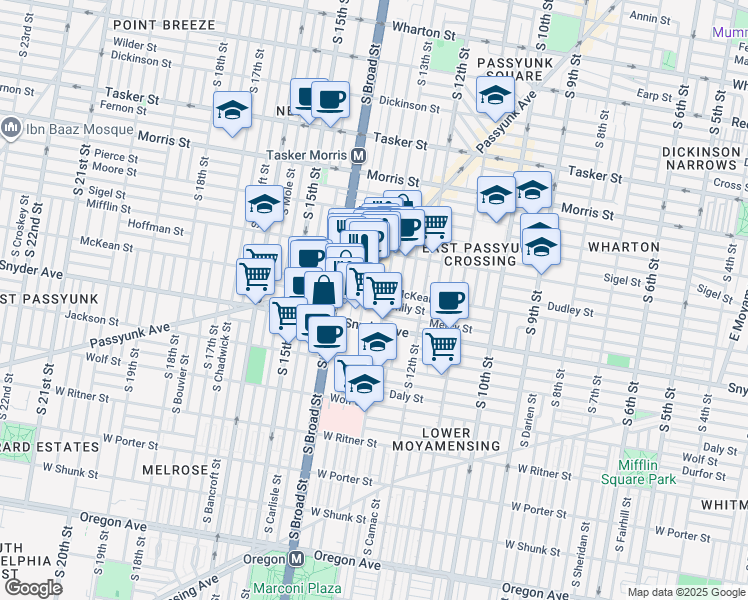 map of restaurants, bars, coffee shops, grocery stores, and more near 1323 McKean Street in Philadelphia