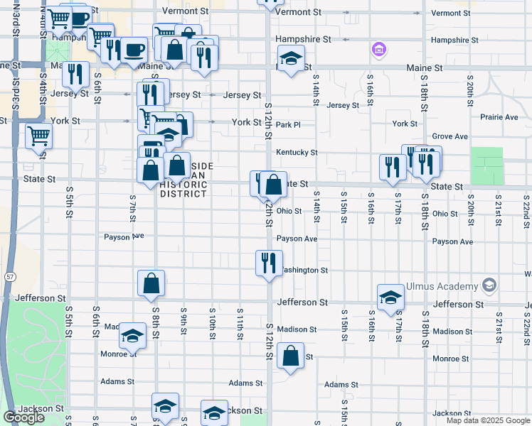 map of restaurants, bars, coffee shops, grocery stores, and more near 600 South 12th Street in Quincy