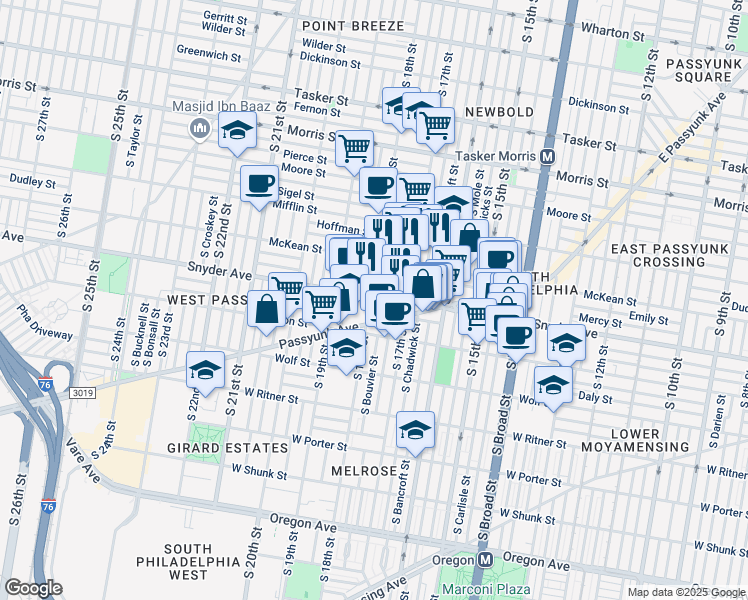 map of restaurants, bars, coffee shops, grocery stores, and more near 2101 South 18th Street in Philadelphia