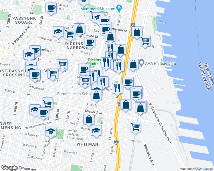map of restaurants, bars, coffee shops, grocery stores, and more near 153 McClellan Street in Philadelphia