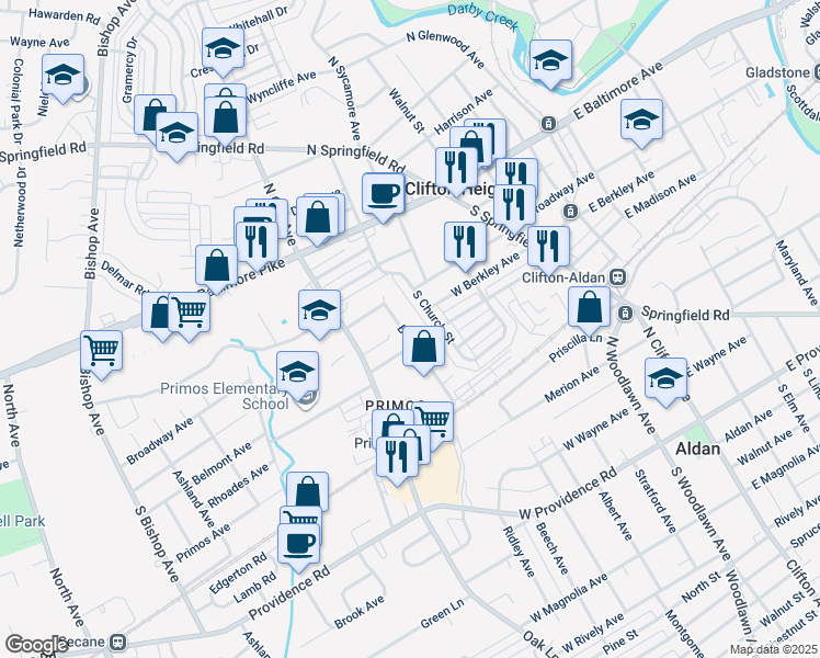 map of restaurants, bars, coffee shops, grocery stores, and more near 227 Borough Road in Delaware County