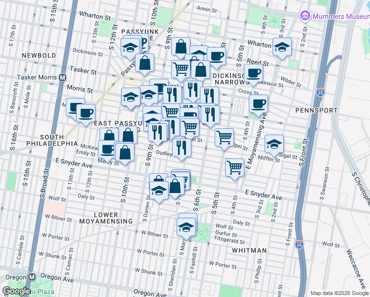 map of restaurants, bars, coffee shops, grocery stores, and more near 1835 South 7th Street in Philadelphia