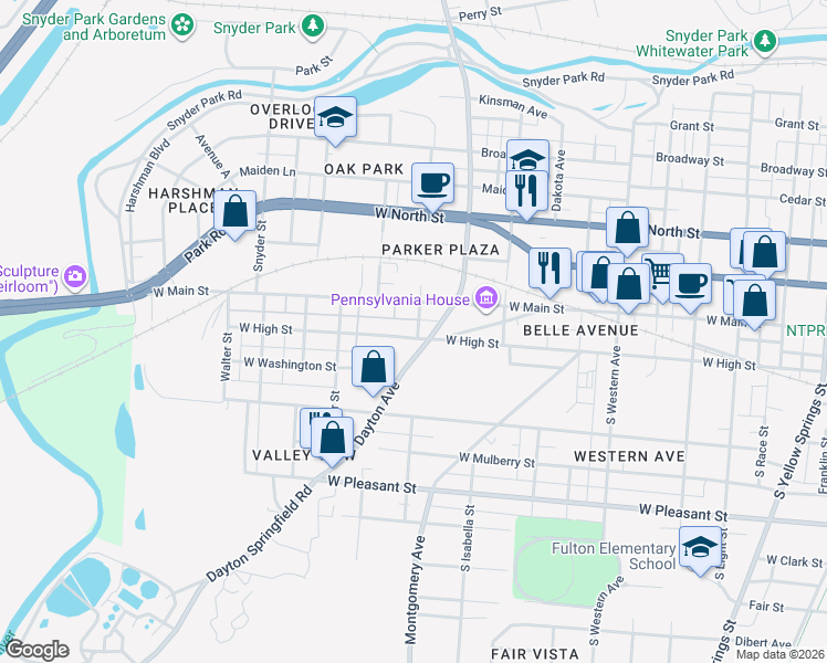 map of restaurants, bars, coffee shops, grocery stores, and more near 14 South William Street in Springfield