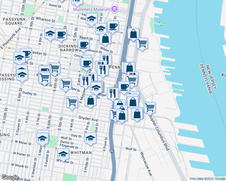 map of restaurants, bars, coffee shops, grocery stores, and more near 1804 South Front Street in Philadelphia