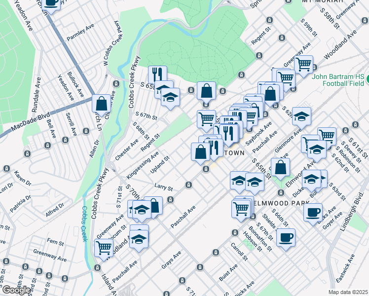 map of restaurants, bars, coffee shops, grocery stores, and more near 2030 South 67th Street in Philadelphia