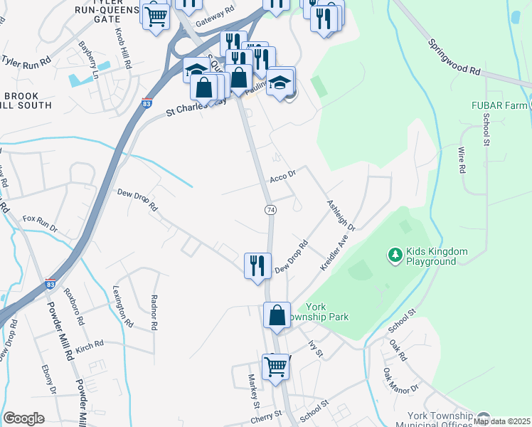 map of restaurants, bars, coffee shops, grocery stores, and more near 2230 South Queen Street in York